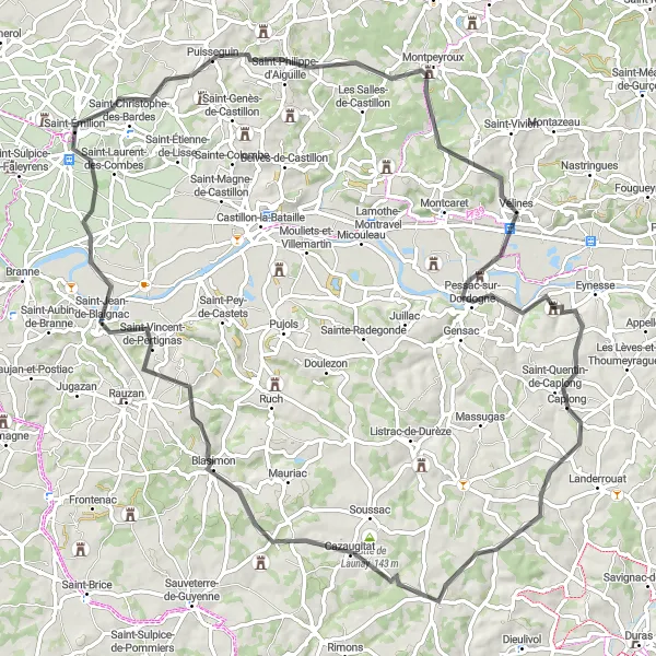 Map miniature of "Exploring the Vines of Puisseguin" cycling inspiration in Aquitaine, France. Generated by Tarmacs.app cycling route planner