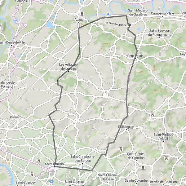 Miniatua del mapa de inspiración ciclista "Ruta de Viñedos y Castillos" en Aquitaine, France. Generado por Tarmacs.app planificador de rutas ciclistas