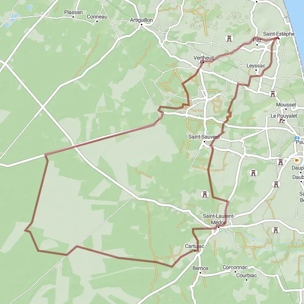 Map miniature of "Vertheuil Gravel Route" cycling inspiration in Aquitaine, France. Generated by Tarmacs.app cycling route planner