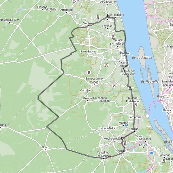 Map miniature of "Saint-Julien to Castelnau Road Cycling Route" cycling inspiration in Aquitaine, France. Generated by Tarmacs.app cycling route planner