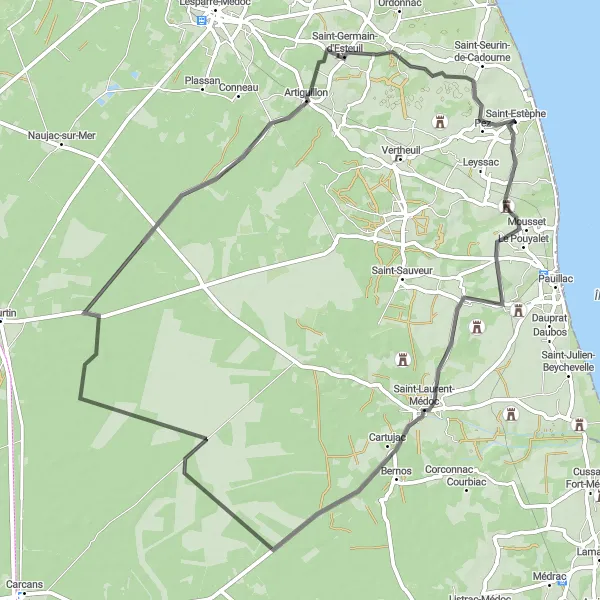Miniature de la carte de l'inspiration cycliste "Route du Château Cos Labory" dans la Aquitaine, France. Générée par le planificateur d'itinéraire cycliste Tarmacs.app