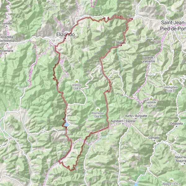 Miniatua del mapa de inspiración ciclista "Ruta de Grava por Aldudes y Zubiri" en Aquitaine, France. Generado por Tarmacs.app planificador de rutas ciclistas