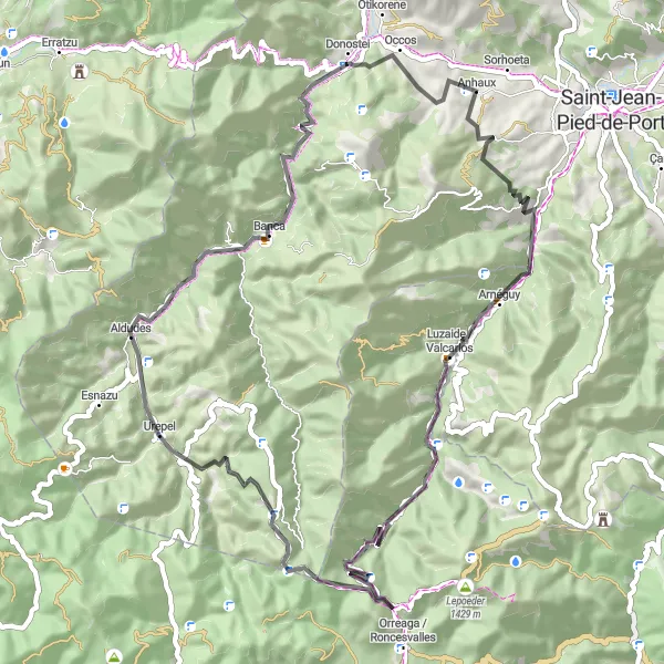 Miniatua del mapa de inspiración ciclista "Ruta panorámica de 65 km desde Saint-Étienne-de-Baïgorry" en Aquitaine, France. Generado por Tarmacs.app planificador de rutas ciclistas