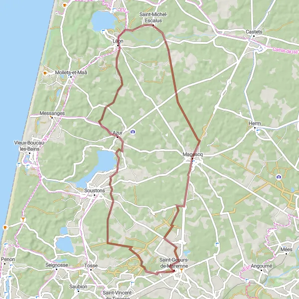 Miniatua del mapa de inspiración ciclista "Ruta por caminos de grava hacia Magescq" en Aquitaine, France. Generado por Tarmacs.app planificador de rutas ciclistas