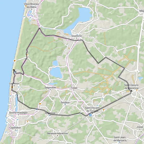 Miniatua del mapa de inspiración ciclista "Ruta de ciclismo de 50 km desde Saint-Geours-de-Maremne" en Aquitaine, France. Generado por Tarmacs.app planificador de rutas ciclistas