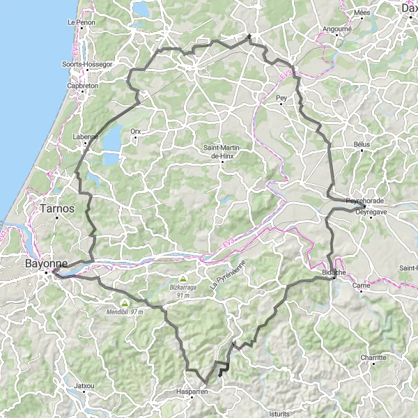 Miniatua del mapa de inspiración ciclista "Atravesando la vallée d'Hastingues en bicicleta por carretera" en Aquitaine, France. Generado por Tarmacs.app planificador de rutas ciclistas