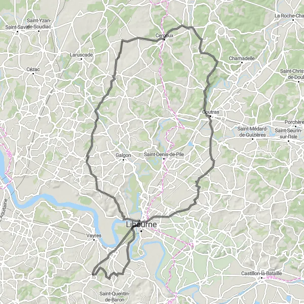 Miniature de la carte de l'inspiration cycliste "Grand Tour des Châteaux et des Villages de l'Entre-Deux-Mers" dans la Aquitaine, France. Générée par le planificateur d'itinéraire cycliste Tarmacs.app