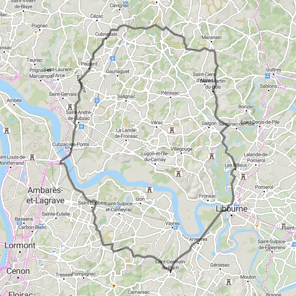 Map miniature of "Vineyards and Historic Landmarks" cycling inspiration in Aquitaine, France. Generated by Tarmacs.app cycling route planner