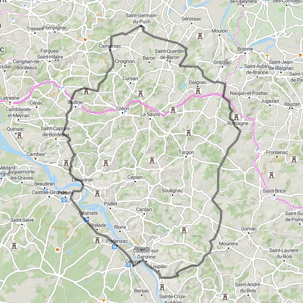 Map miniature of "Châteaux and Vineyards Loop" cycling inspiration in Aquitaine, France. Generated by Tarmacs.app cycling route planner