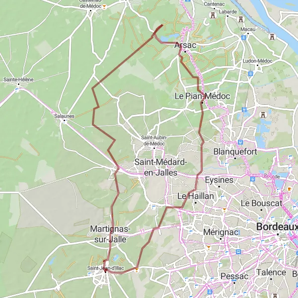 Miniatua del mapa de inspiración ciclista "Ruta de bicicleta de grava a través de Martignas-sur-Jalle, Château de Belfort, Arsac y Le Taillan-Médoc" en Aquitaine, France. Generado por Tarmacs.app planificador de rutas ciclistas