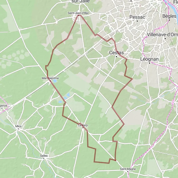 Miniatua del mapa de inspiración ciclista "Experiencia de Gravel por Le Barp" en Aquitaine, France. Generado por Tarmacs.app planificador de rutas ciclistas