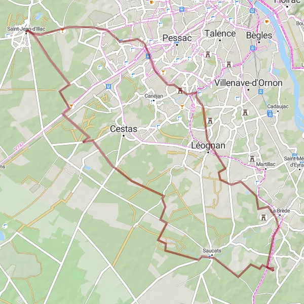 Miniatua del mapa de inspiración ciclista "Ruta del Gravel por Saint-Jean-d'Illac" en Aquitaine, France. Generado por Tarmacs.app planificador de rutas ciclistas