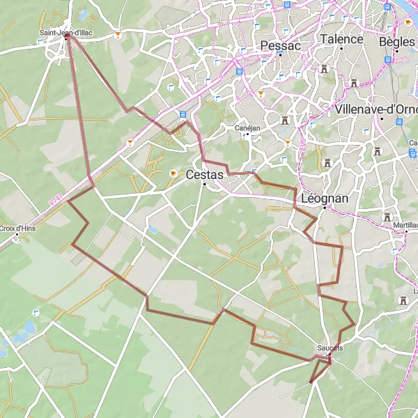 Miniatua del mapa de inspiración ciclista "Ruta de bicicleta de grava a través de Cestas, Château Belin, Saucats y Pierroton" en Aquitaine, France. Generado por Tarmacs.app planificador de rutas ciclistas