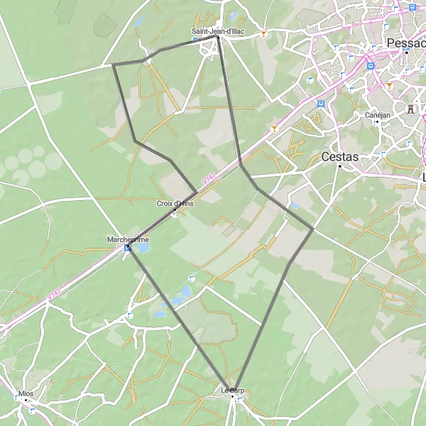 Miniatua del mapa de inspiración ciclista "Ruta en carretera a través de Le Barp, Marcheprime y Le Las" en Aquitaine, France. Generado por Tarmacs.app planificador de rutas ciclistas