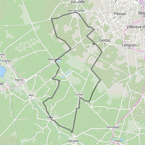 Miniatua del mapa de inspiración ciclista "Ruta Escénica hacia Salles" en Aquitaine, France. Generado por Tarmacs.app planificador de rutas ciclistas