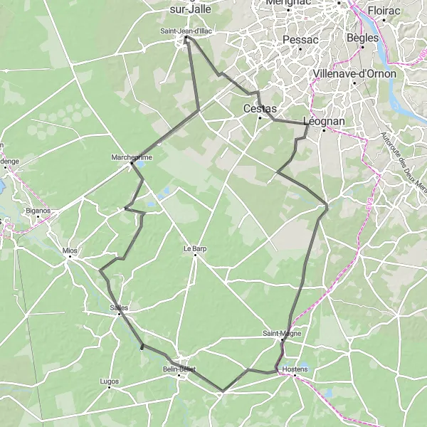 Miniatua del mapa de inspiración ciclista "Ruta de Ciclismo de Carretera alrededor de Saint-Jean-d'Illac" en Aquitaine, France. Generado por Tarmacs.app planificador de rutas ciclistas
