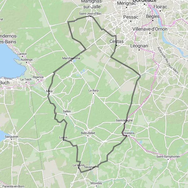 Miniature de la carte de l'inspiration cycliste "Itinéraire entre Cestas et Mios" dans la Aquitaine, France. Générée par le planificateur d'itinéraire cycliste Tarmacs.app