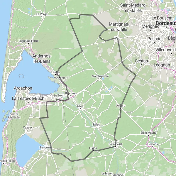 Miniatua del mapa de inspiración ciclista "Ruta en carretera a través de Belin-Béliet, Lugos, Le Teich, Audenge, Blagon, Sautuges y Le Las" en Aquitaine, France. Generado por Tarmacs.app planificador de rutas ciclistas