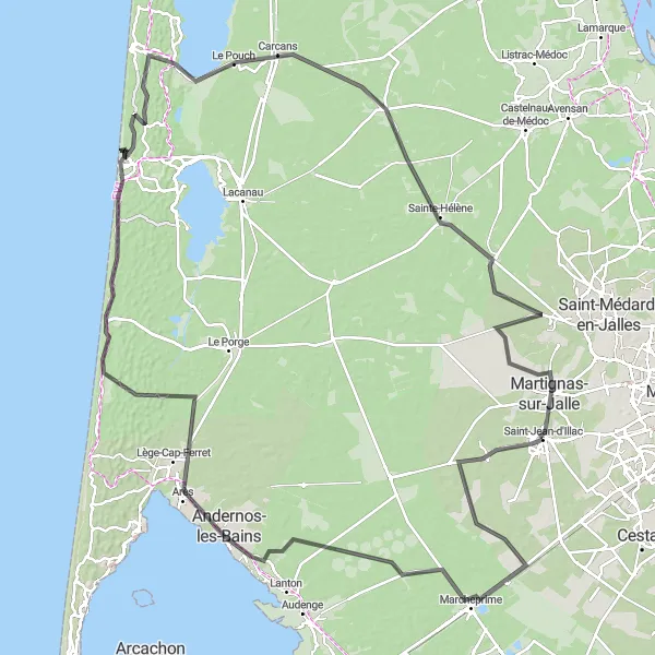 Miniatua del mapa de inspiración ciclista "Tour Road Trip hacia Martignas-sur-Jalle" en Aquitaine, France. Generado por Tarmacs.app planificador de rutas ciclistas