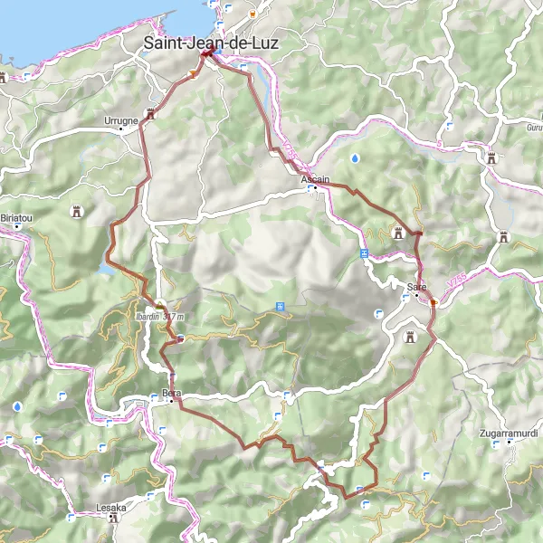 Miniature de la carte de l'inspiration cycliste "Le Tour de la Côte Basque" dans la Aquitaine, France. Générée par le planificateur d'itinéraire cycliste Tarmacs.app