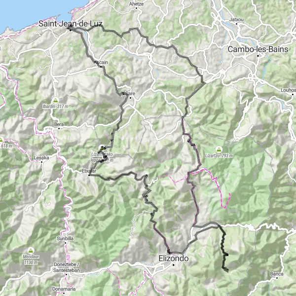 Miniature de la carte de l'inspiration cycliste "Tour de la Rhune et de la Vallée des Aldudes" dans la Aquitaine, France. Générée par le planificateur d'itinéraire cycliste Tarmacs.app