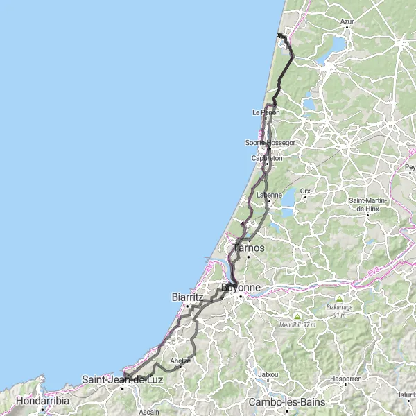 Map miniature of "Coastal Ride and Lakeside Views" cycling inspiration in Aquitaine, France. Generated by Tarmacs.app cycling route planner