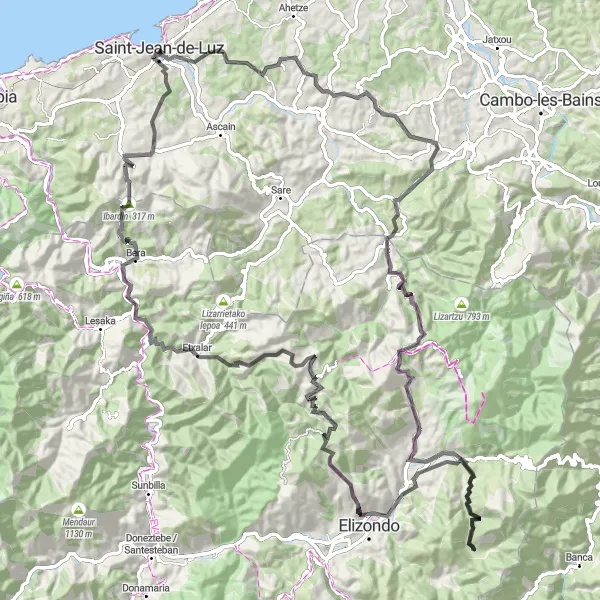 Miniature de la carte de l'inspiration cycliste "Grande Boucle des Montagnes Basques" dans la Aquitaine, France. Générée par le planificateur d'itinéraire cycliste Tarmacs.app