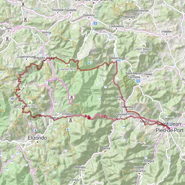 Map miniature of "Gravel Adventure through the Basque Countryside" cycling inspiration in Aquitaine, France. Generated by Tarmacs.app cycling route planner