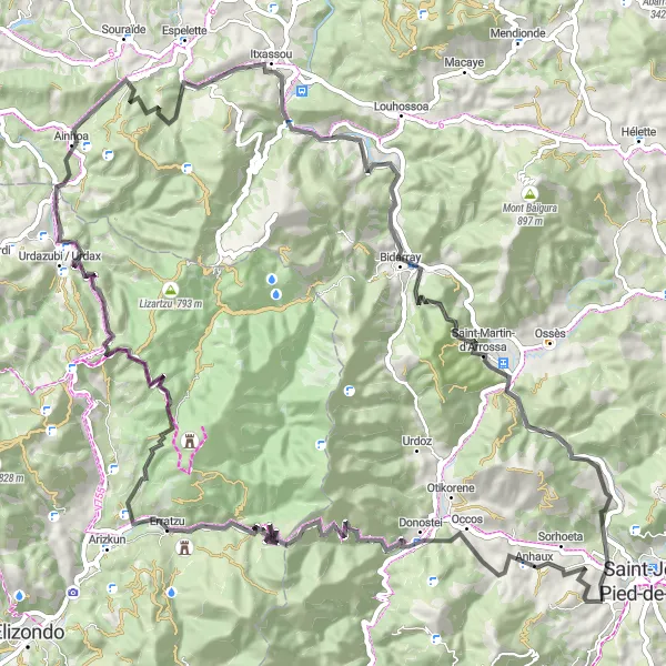 Miniatua del mapa de inspiración ciclista "Ruta de Montañas y Leyendas" en Aquitaine, France. Generado por Tarmacs.app planificador de rutas ciclistas