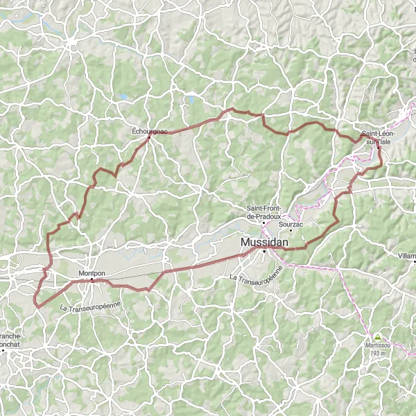 Map miniature of "River and Oak Trees" cycling inspiration in Aquitaine, France. Generated by Tarmacs.app cycling route planner