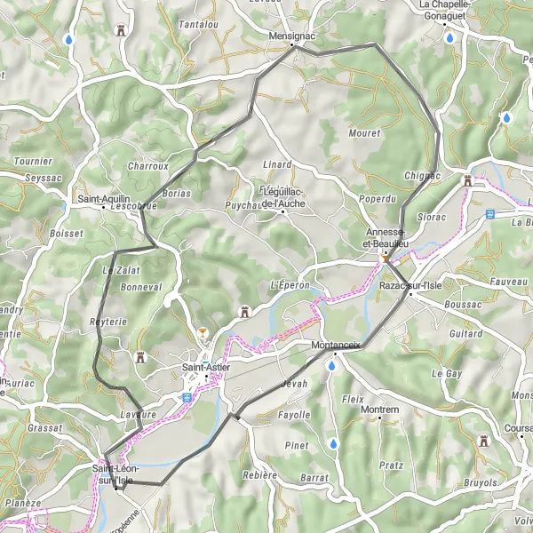 Miniatua del mapa de inspiración ciclista "Ruta corta a través de la campiña francesa" en Aquitaine, France. Generado por Tarmacs.app planificador de rutas ciclistas