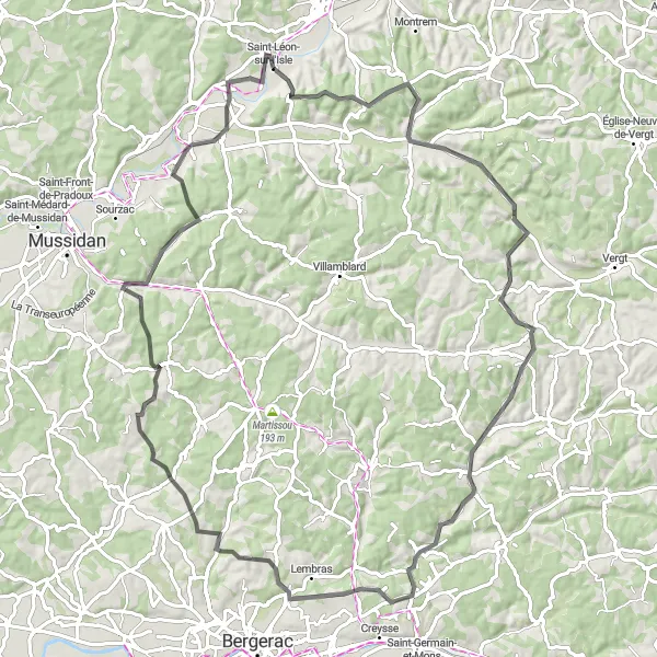 Miniatua del mapa de inspiración ciclista "Exploración rural y cultural en Aquitania" en Aquitaine, France. Generado por Tarmacs.app planificador de rutas ciclistas