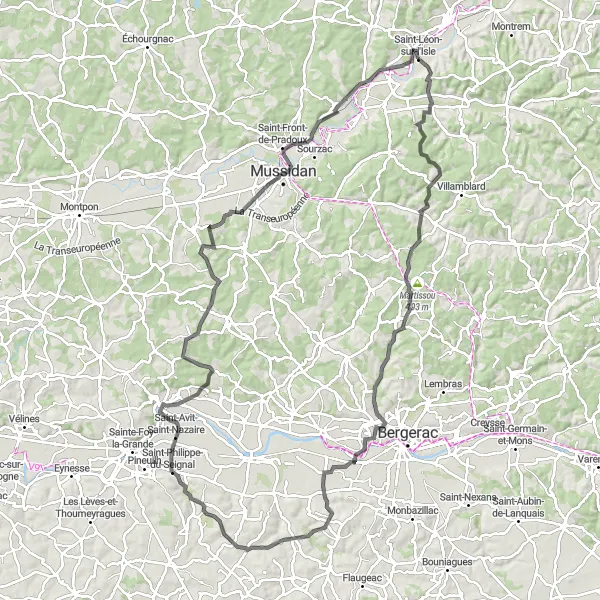 Map miniature of "The Martissou Adventure" cycling inspiration in Aquitaine, France. Generated by Tarmacs.app cycling route planner