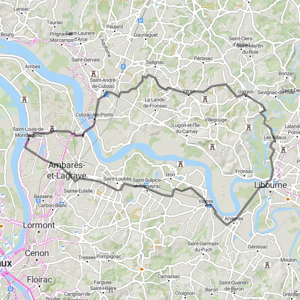 Miniature de la carte de l'inspiration cycliste "Parcours Authentique de l'Entre-Deux-Mers" dans la Aquitaine, France. Générée par le planificateur d'itinéraire cycliste Tarmacs.app