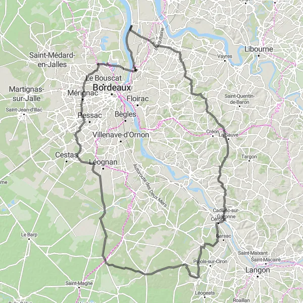 Map miniature of "The Wine Route" cycling inspiration in Aquitaine, France. Generated by Tarmacs.app cycling route planner