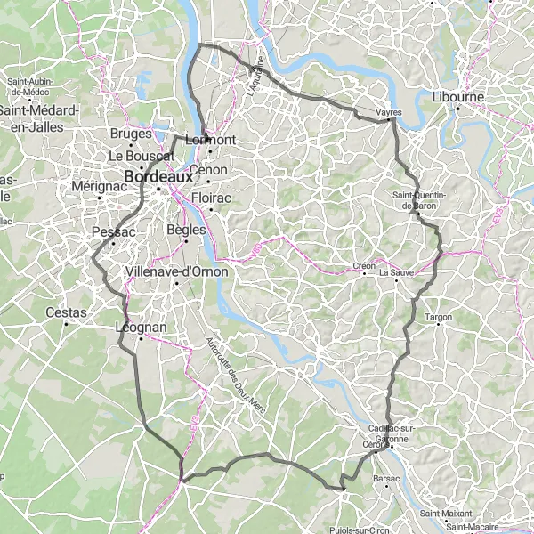 Miniature de la carte de l'inspiration cycliste "Les villages pittoresques de l'Entre-Deux-Mers" dans la Aquitaine, France. Générée par le planificateur d'itinéraire cycliste Tarmacs.app