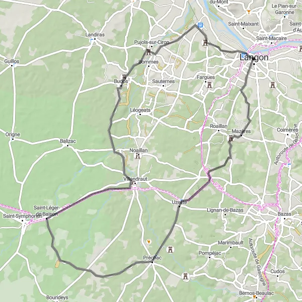 Miniature de la carte de l'inspiration cycliste "La Boucle de Langon et Uzeste" dans la Aquitaine, France. Générée par le planificateur d'itinéraire cycliste Tarmacs.app