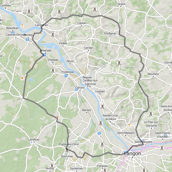 Miniature de la carte de l'inspiration cycliste "Boucle des Châteaux de la Garonne" dans la Aquitaine, France. Générée par le planificateur d'itinéraire cycliste Tarmacs.app