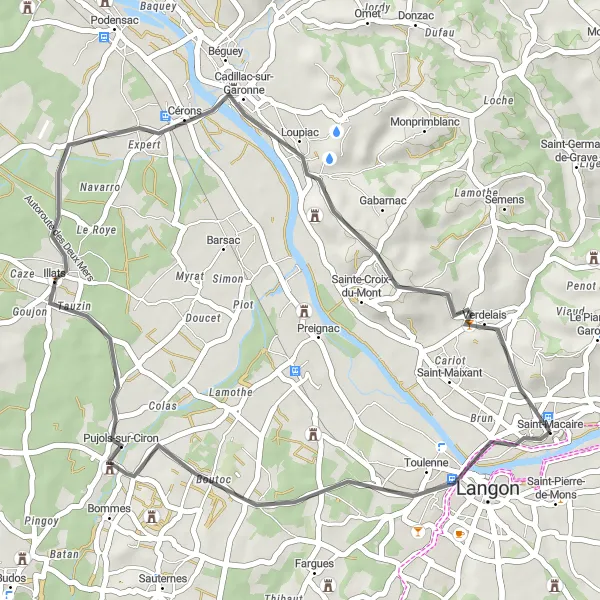 Miniatua del mapa de inspiración ciclista "Ruta de Ciclismo por Saint-Macaire y alrededores" en Aquitaine, France. Generado por Tarmacs.app planificador de rutas ciclistas