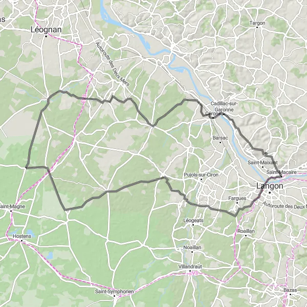 Miniatua del mapa de inspiración ciclista "Recorrido por Sauternes y Cérons" en Aquitaine, France. Generado por Tarmacs.app planificador de rutas ciclistas