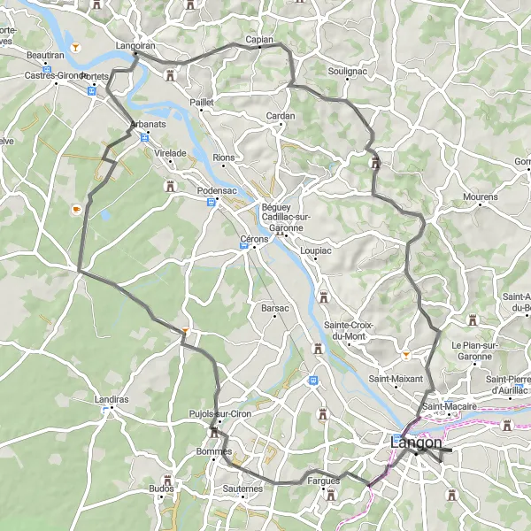 Map miniature of "Châteaux and Vineyards" cycling inspiration in Aquitaine, France. Generated by Tarmacs.app cycling route planner