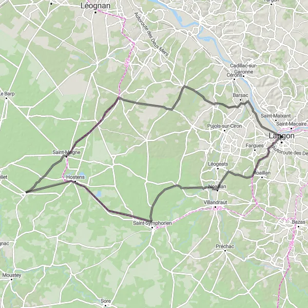 Miniatua del mapa de inspiración ciclista "Ruta por carretera a Noaillan y Illats" en Aquitaine, France. Generado por Tarmacs.app planificador de rutas ciclistas