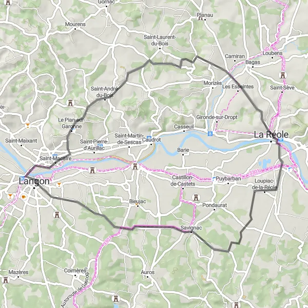 Map miniature of "Along the Garonne River" cycling inspiration in Aquitaine, France. Generated by Tarmacs.app cycling route planner