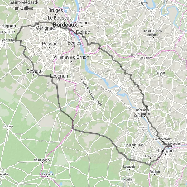 Miniature de la carte de l'inspiration cycliste "Aventure à vélo au Cœur des Graves et du Sauternais" dans la Aquitaine, France. Générée par le planificateur d'itinéraire cycliste Tarmacs.app