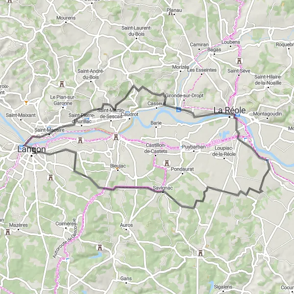 Map miniature of "Château Quat'Sos Loop" cycling inspiration in Aquitaine, France. Generated by Tarmacs.app cycling route planner