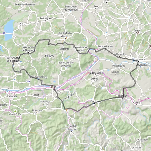 Map miniature of "Saint-André-de-Seignanx to Quartier Neuf" cycling inspiration in Aquitaine, France. Generated by Tarmacs.app cycling route planner