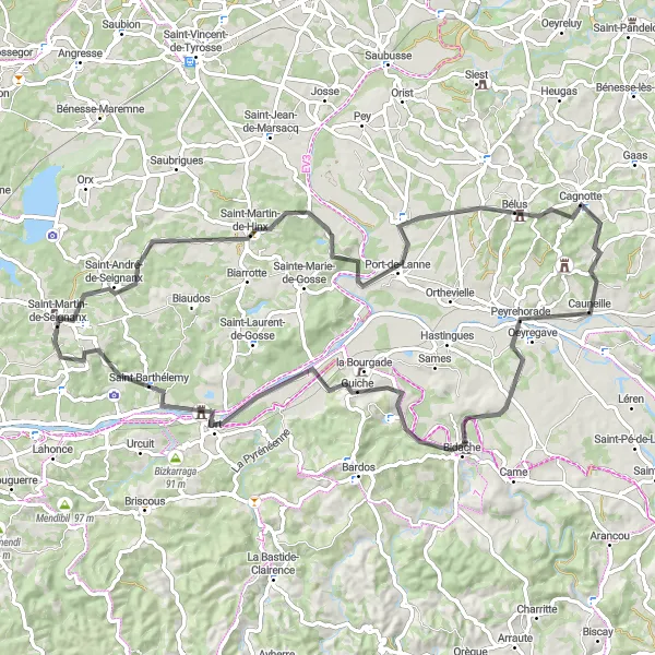 Map miniature of "Exploring Seignanx Countryside" cycling inspiration in Aquitaine, France. Generated by Tarmacs.app cycling route planner