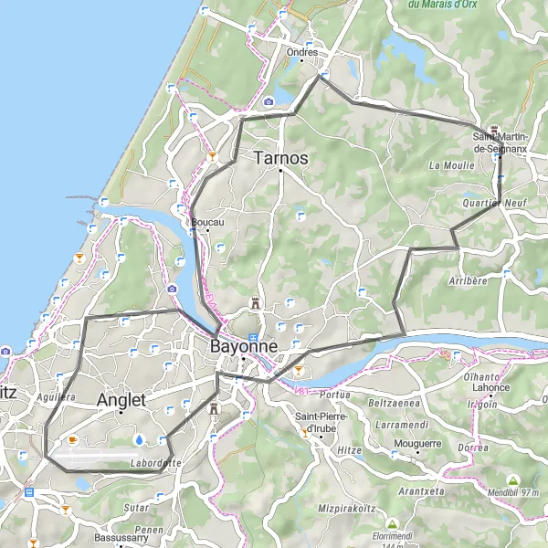 Map miniature of "Loop around Saint-Martin-de-Seignanx" cycling inspiration in Aquitaine, France. Generated by Tarmacs.app cycling route planner