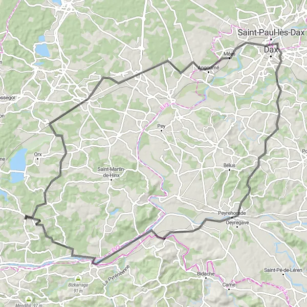 Miniatua del mapa de inspiración ciclista "A la conquista de Dax y Hastingues en bici de carretera" en Aquitaine, France. Generado por Tarmacs.app planificador de rutas ciclistas