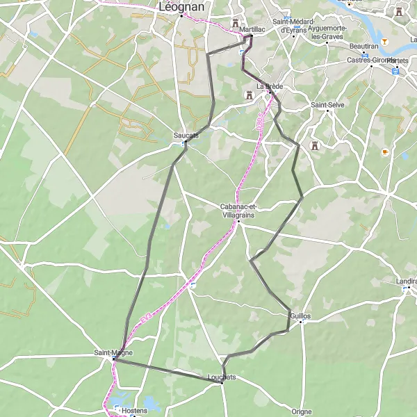 Miniatua del mapa de inspiración ciclista "Ruta de ciclismo por carretera Guillos-Tartavisat" en Aquitaine, France. Generado por Tarmacs.app planificador de rutas ciclistas